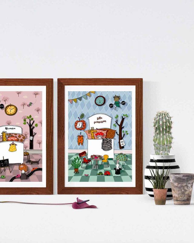 Personlig doptavla där en pojke och en flicka ligger i vars en säng och omringas av födelseuppgifter